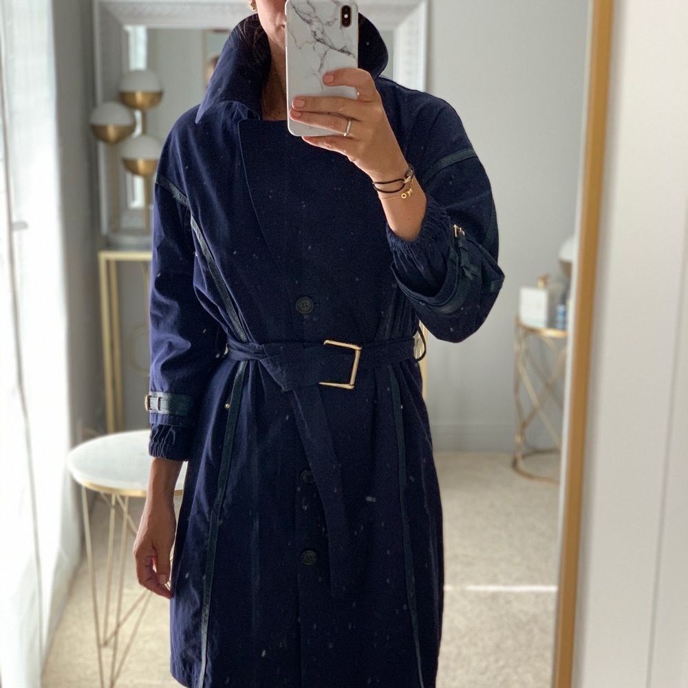 TODS navy blue belted trench coat leather details